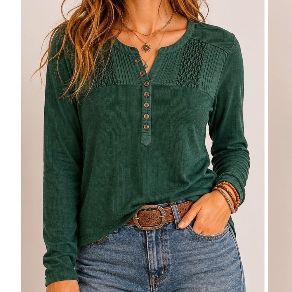 Bob Timberlake Green Waffle Knit Henley Shirt Smocked Pintuck Yoke Women's XL